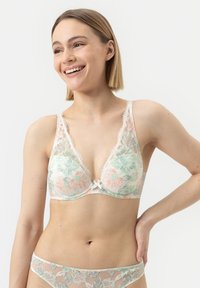 Lace bralette met bloemenpatroon in pastelgroen en -roze. V-hals ontwerp met delicate kantafwerking en een kleine centrale strikaccent.