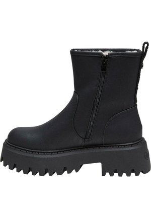 Svart ankelsko i konstläder med dragkedja på sidan, gummisula med kraftig räffla och mjukt foder inuti.