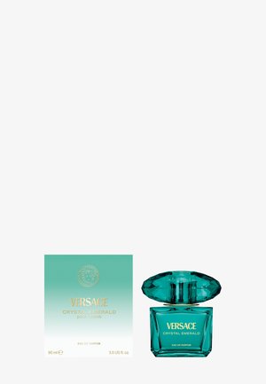 Versace Crystal Emerald eau de parfum in a turquoise glass bottle, featuring a diamond-shaped cap, alongside a matching teal box.