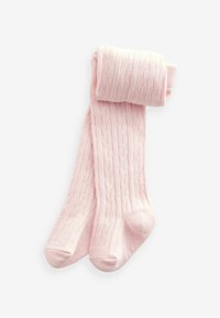 Rosa knielange Strumpfhosen mit einem strukturierten Muster aus erhabenen Linien. Weicher Stoff mit gerippten Bündchen, ordentlich gefaltet.