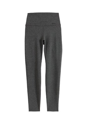 Leggings sin costuras de talle alto en gris oscuro con un ajuste ceñido y un logo de marca sutil en la cintura, mostrados planos sobre un fondo blanco.