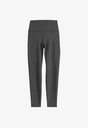 Mørkegrå seamless leggings med høj talje og slank pasform samt diskret brandlogo på taljebåndet, vist fladt på en hvid baggrund.