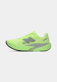 Lime green running shoe with a lightweight mesh upper, gray branding, a thick cushioned sole, and a black rubber outsole.