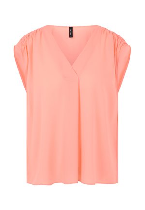 Ärmellose, locker sitzende korallenrosafarbene Bluse mit V-Ausschnitt und gerafftem Stoffdetail an den Schultern.