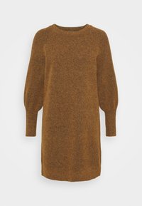 Stickad tröjklänning i brunt, med rund halsringning, långa ballongärmar och ribbade muddar. Mjuk textur och avslappnad silhuett.