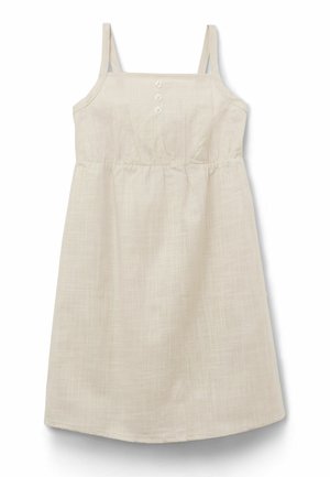 Robe sans manches en lin beige avec fines bretelles, taille froncée et trois boutons centrés sur la poitrine.