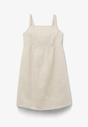 Beżowa lniana sukienka bez rękawów z cienkimi ramiączkami, marszczoną talią i trzema guzikami na środku biustu.