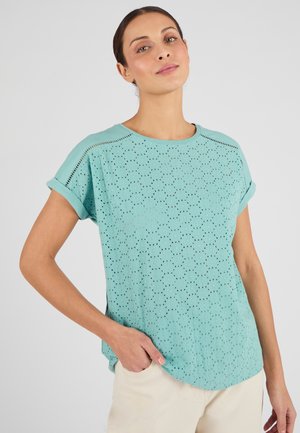 Haut à manches courtes bleu clair avec des motifs à œillets, encolure ronde et manches retroussées. Tissu doux avec une coupe décontractée et un ourlet arrondi.