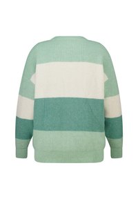 Pull en tricot avec rayures horizontales dans différentes nuances de vert et crème. Coupe décontractée avec poignets et ourlet côtelés. Texture douce.