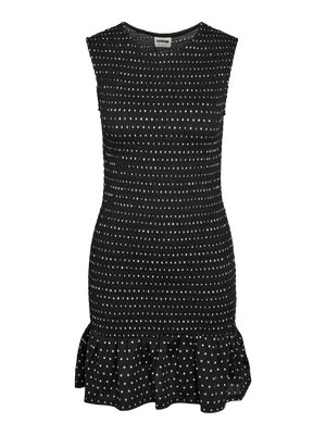 Ærmeløs sort kjole med hvide polkaprikker, figursyet smocket overdel og flæset kant forneden.