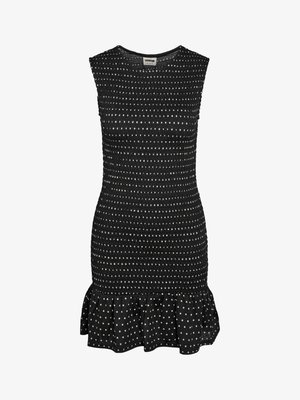 Ærmeløs sort kjole med hvide polkaprikker, figursyet smocket overdel og flæset kant forneden.