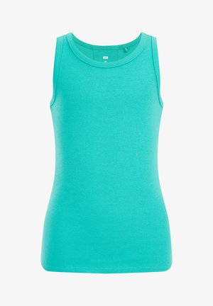 Mėlynas maikutė be rankovių, pagaminta iš smulkiai raukšlėto audinio, su apvaliu iškirpimu. Lygi tekstūra, be matomų raštų ar akcentų.