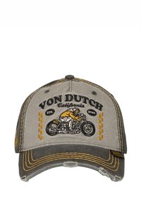 Casquette de baseball grise avec surpiqûres jaunes, présentant un motif de moto brodé et le texte "VON DUTCH California" à l'avant.