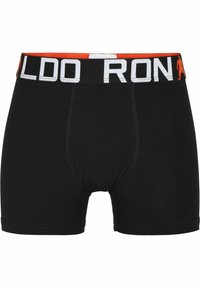 Černé boxerky s kontrastním bílým a oranžovým pasem, na kterém je výrazně napsáno "RONALDO". Měkký bavlněný materiál, přiléhavý design.