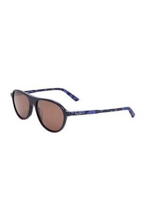 Occhiali da sole eleganti con lenti marrone scuro e montature e aste con motivo blu-nero, con un piccolo logo bianco sul lato.