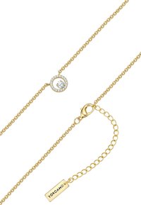 Collier en chaîne dorée avec un pendentif circulaire en diamant et un tag de fermoir ajustable gravé "YOKOAMii".