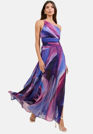 Asymmetrical one-shoulder maxi dress in lightweight, flowing fabric with abstract purple and pink pattern; features a fitted waist.