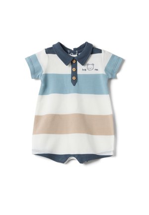 Baby-Strampler mit breiten horizontalen Streifen in Weiß, Blau und Beige, einem marineblauen Kragen mit Knöpfen und einem kleinen Bärengesicht mit der Aufschrift "umarm mich".