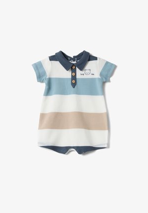 Baby-Strampler mit breiten horizontalen Streifen in Weiß, Blau und Beige, einem marineblauen Kragen mit Knöpfen und einem kleinen Bärengesicht mit der Aufschrift "umarm mich".