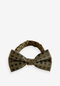 Juodas bow tie su geometriniu auksiniu raštu. Pagamintas iš lygios medžiagos, turi tvirtą formą ir reguliuojamą dirželį, kad būtų galima pritaikyti dydį.