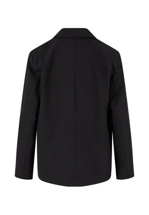 Svart blazer med lange ermer og rett krage, sett bakfra, med en sentral søm og en glatt, skreddersydd finish.