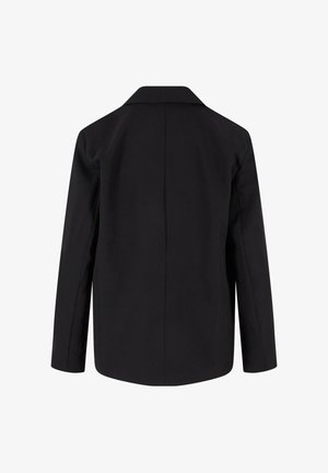 Fekete hosszú ujjú blézer egyenes gallérral, hátulról nézve, középső varrással és sima, szabott kivitelben.