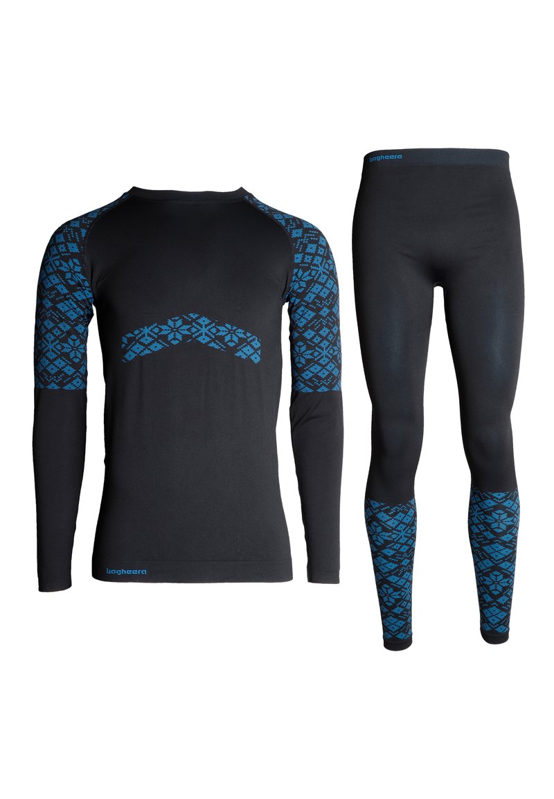 Svart värmeunderställ med lång ärm och leggings med blå geometrisk mönster på ärmarna och underbenen. Materialet verkar slätt med stretch.