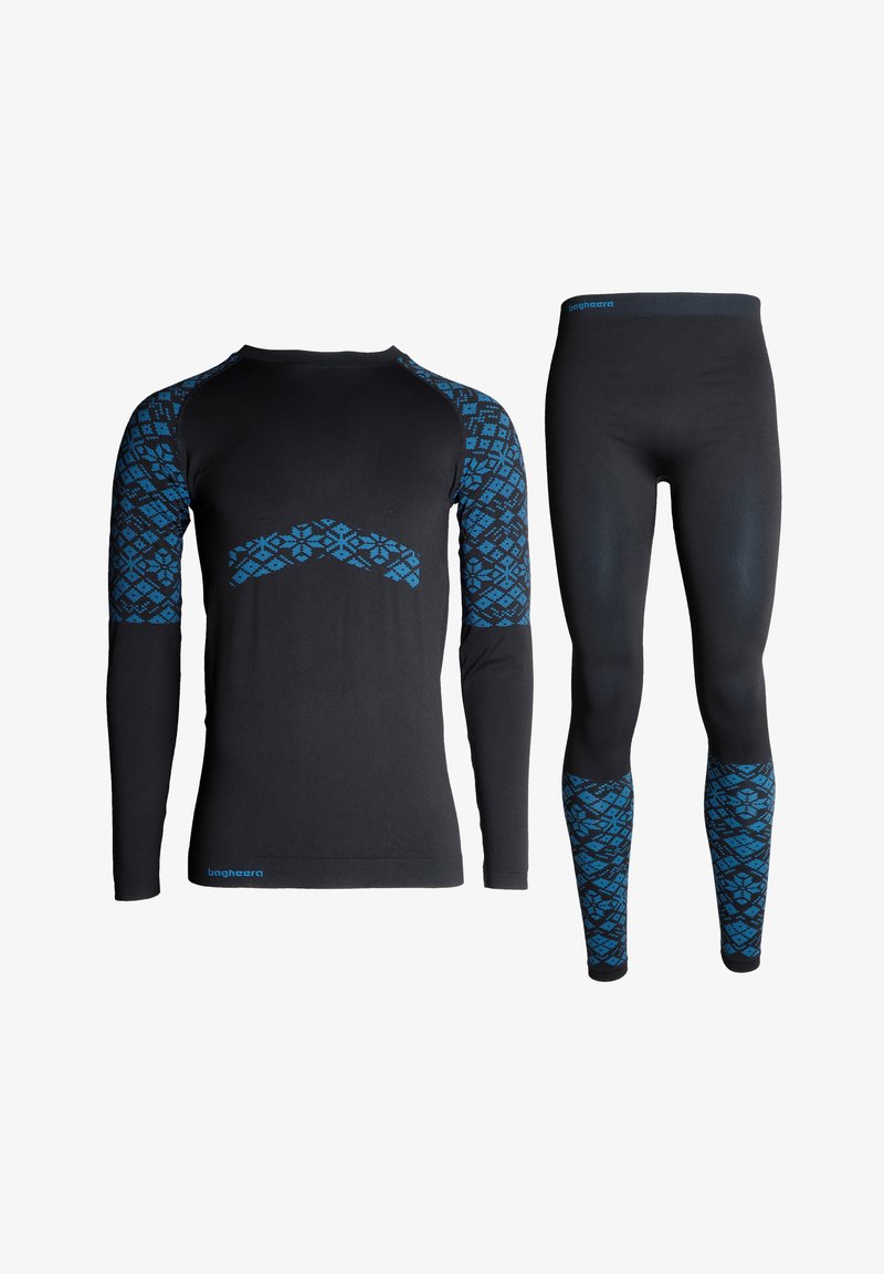 Svart värmeunderställ med lång ärm och leggings med blå geometrisk mönster på ärmarna och underbenen. Materialet verkar slätt med stretch.