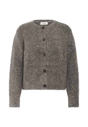 Siv cardigan z strukturirano površino, z okroglo ovratnico, sprednjim zapiranjem na gumb in dolgimi rokavi. Tkanina izgleda mehko in toplo.