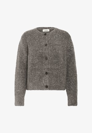 Gray, textured cardigan with a round neckline, front button closure, and long sleeves. Fabric appears soft and warm.