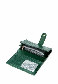 Green leather wallet with multiple card slots, a clear ID window, and a zippered compartment; interior features a wavy pattern.