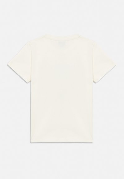 T-shirt blanc uni à manches courtes, posé à plat, montrant le dos avec un col rond sur un fond clair.