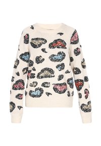 Kremowy sweter z okrągłym dekoltem i długimi rękawami, zdobiony wzorem w panterkę w czarnych, różowych, niebieskich i złotych cekinach.
