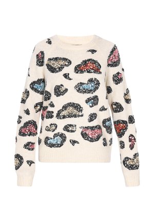 Suéter crema con cuello redondo y mangas largas, con un diseño de estampado de leopardo en negro, rosa, azul y lentejuelas doradas.