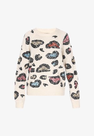 Suéter crema con cuello redondo y mangas largas, con un diseño de estampado de leopardo en negro, rosa, azul y lentejuelas doradas.