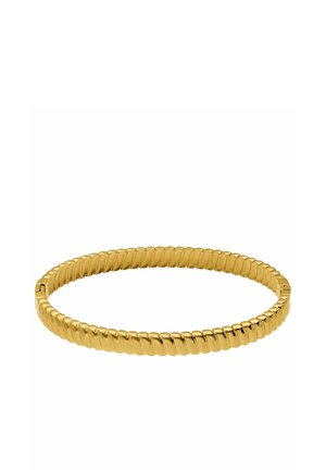 Goudkleurige flexibele armband met afgeronde, gelijkmatig verdeelde ribbels die een doorlopende lus vormen.