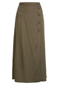 Olivgrüner Wickelrock aus glattem Stoff mit hoher Taille, seitlichem Verschluss mit vier großen Knöpfen und langem Schnitt.