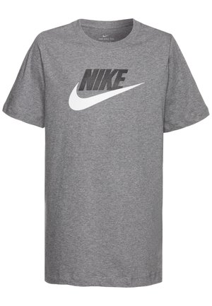 Grey short-sleeve crew neck T-shirt with black "NIKE" text and white Nike swoosh logo centered on the chest.