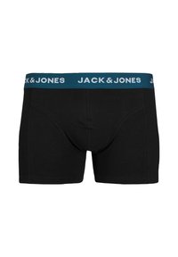 Black cotton boxer shorts with a teal elastic waistband featuring the text "JACK & JONES" in white. Smooth texture and fitted design.