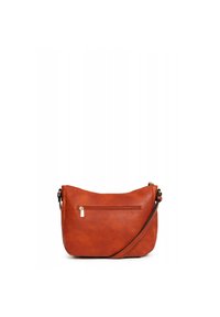 Borsa a spalla in pelle marrone con un design elegante, dotata di tasca frontale con zip, tracolla regolabile e texture liscia.
