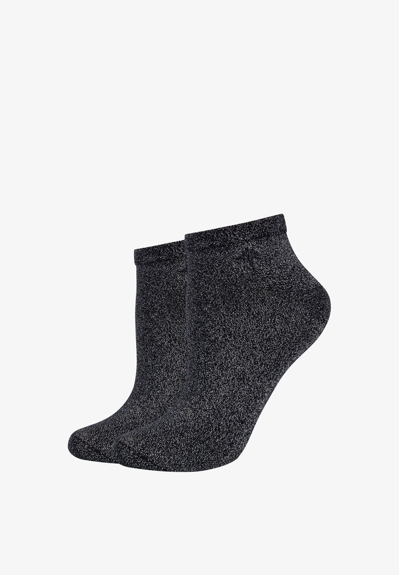 Coppia di calzini alla caviglia neri con una sottile texture screziata e un piccolo logo ricamato sul lato esterno vicino al bordo.