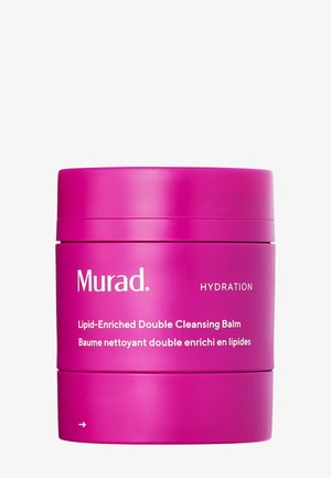 Helle pinke Dose des Murad Hydration Lipid-Enriched Double Cleansing Balm mit weißem Text vor schlichtem weißem Hintergrund.