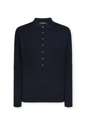 Suéter de punto azul marino con cuello de solapa, siete botones metálicos en la parte frontal y puños y dobladillo acanalados. Textura suave.