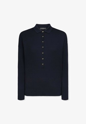 Pull en maille bleu marine avec un col, sept boutons métalliques à l'avant et des poignets et un ourlet côtelé. Texture douce.