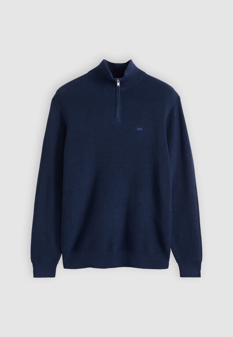 Maglione navy con collo alto e mezza cerniera. Tessuto a coste, maniche lunghe e piccolo logo sul petto. Materiale in morbido maglione.
