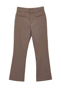 Pantalon évasé marron en tissu lisse, avec un devant plat, deux poches arrière et une couture soignée sur les côtés.