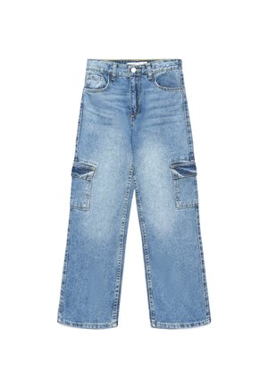 Niebieskie szerokie spodnie cargo z denimu z przednim guzikiem, zamkiem błyskawicznym, dwoma bocznymi kieszeniami i dwoma kieszeniami z klapą na udach.