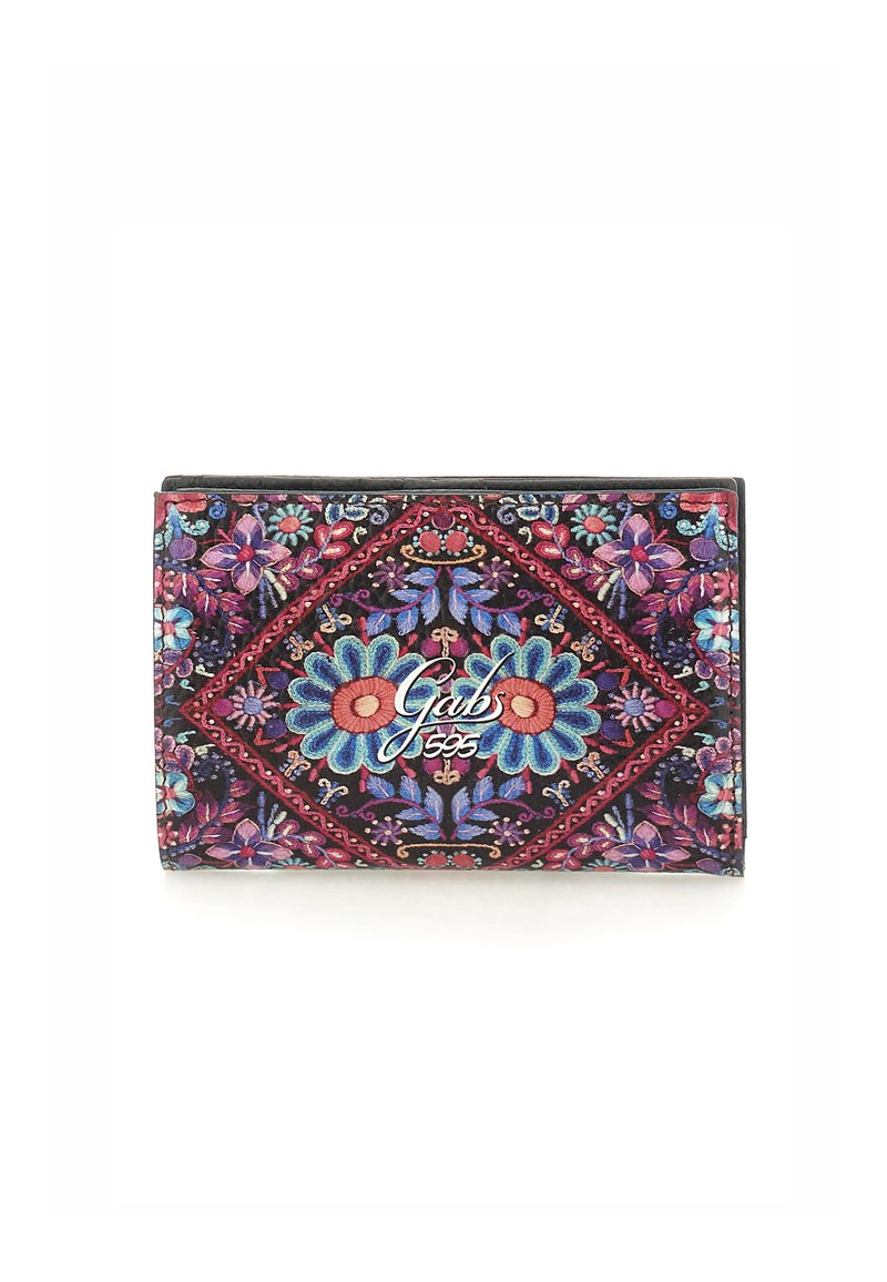 Portafoglio nero con ricami floreali colorati in tonalità di blu, rosa e viola. Il design include un motivo a diamante e un dettaglio del logo argento.