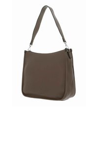 Sac à bandoulière en cuir marron avec une texture lisse, un dessus incurvé, une sangle unique et des accents en métal argenté. Dimensions non spécifiées.