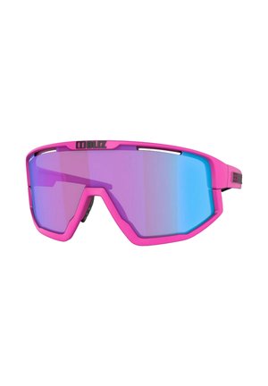 Sport-Sonnenbrille mit einem auffälligen matte pinken Rahmen und großen verspiegelten Gläsern, die einen Farbverlauf von Lila zu Blau aufweisen. Verbesserte Gummibezüge für besseren Grip.